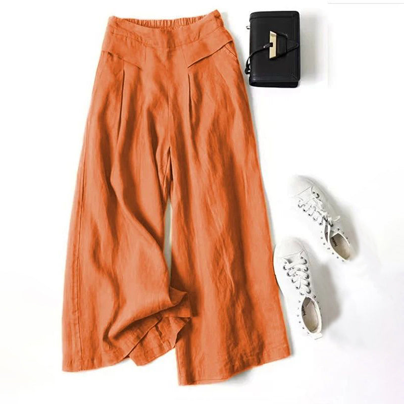 【Katoen En Linnen】Casual Broek Met Wijde Pijpen