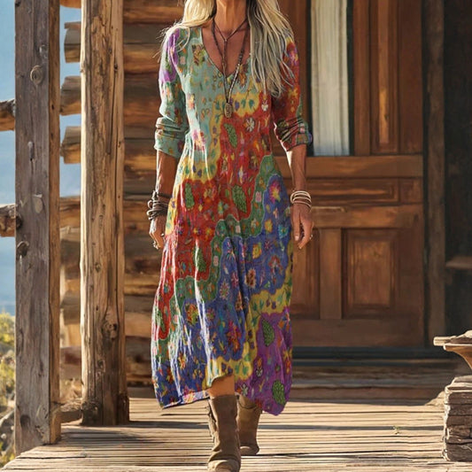 【Lange Mouw】Vintage Kleurrijke Jurk