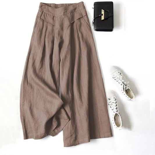 【Katoen En Linnen】Casual Broek Met Wijde Pijpen